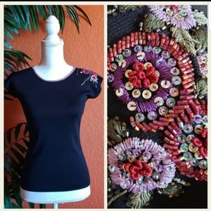 Ziani Couture Floral Beaded Embroidered Top Black Small